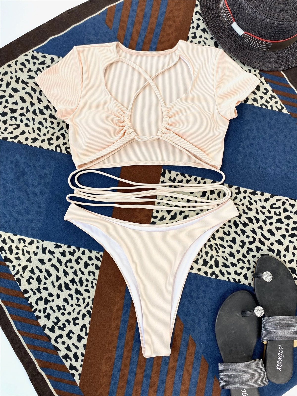 Two-piece ribbed bikini set by The Clothing Company Sydney, solid color vintage swimwear for summer beach swimming.