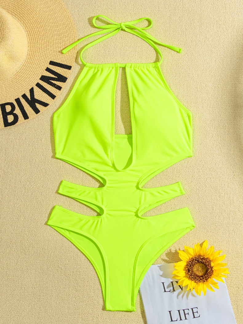 Solid tied halter high waist swimsuit for women, features push-up design and hollow details, perfect for summer beachwear.