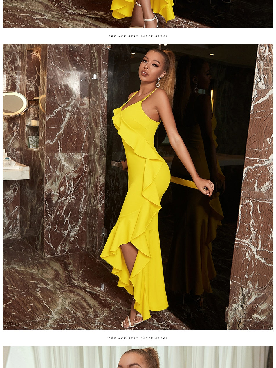 Yellow ruffle spaghetti strap dress by The Clothing Company Sydney featuring V-neck, sleeveless design, perfect for summer parties and casual wear.