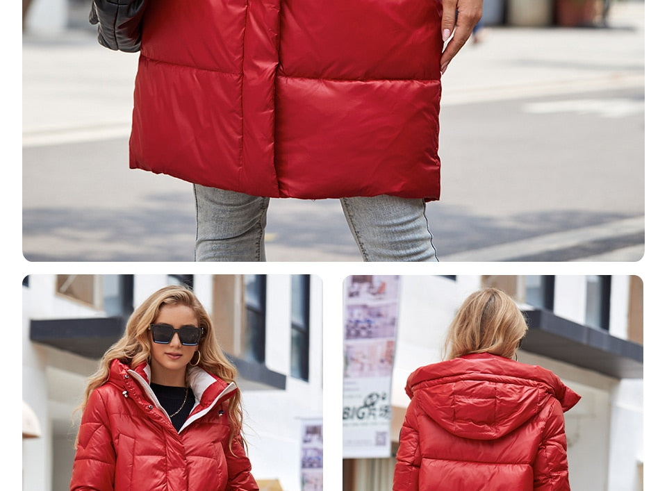 Women's down jacket by The Clothing Company Sydney with long design, hood, stand collar, large pockets, and slim fit.