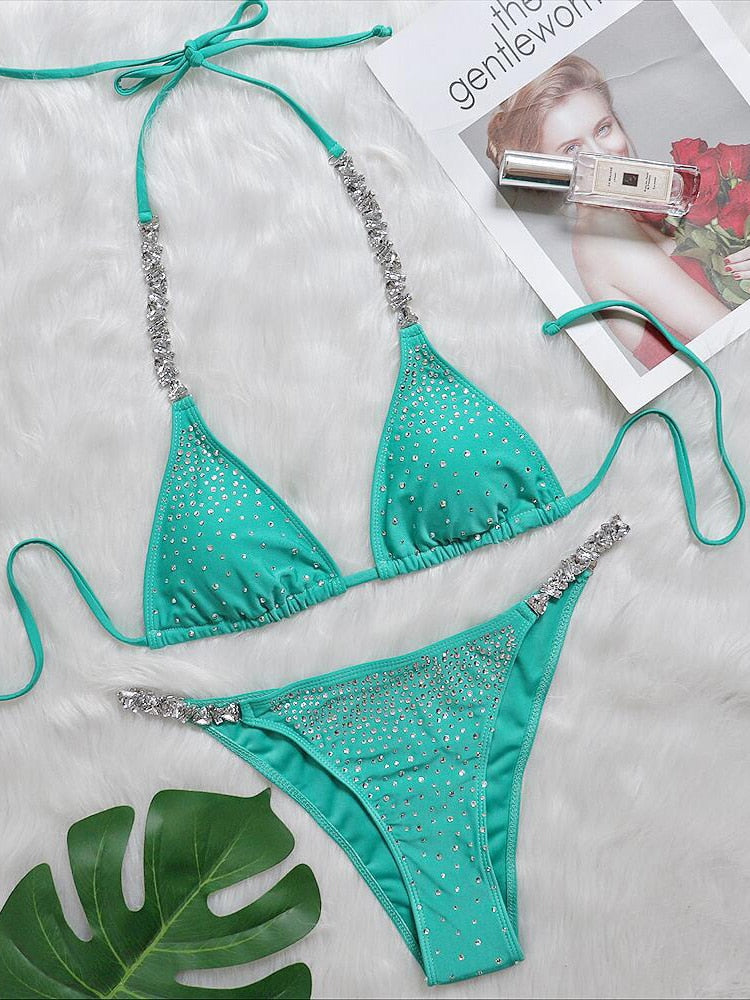 Shiny sequins diamond bikini set for women, halter style swimwear, two-piece swimsuit with sparkling embellishments.