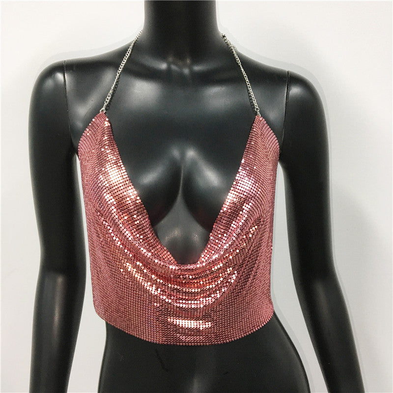 Metal sequined tank top by The Clothing Company Sydney, gold and silver backless cropped camisole with glitter for summer beach club wear