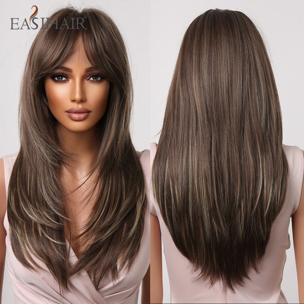 Brown straight synthetic wig with bangs, layered style for women, heat-resistant cosplay and daily wear by The Clothing Company Sydney