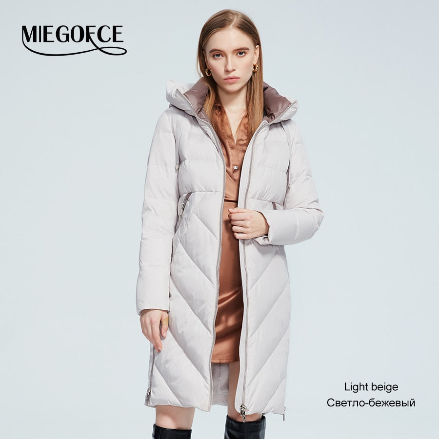 Women’s winter cotton parka with stand collar, hood, zipper, and pockets, windproof and warm, by The Clothing Company Sydney.