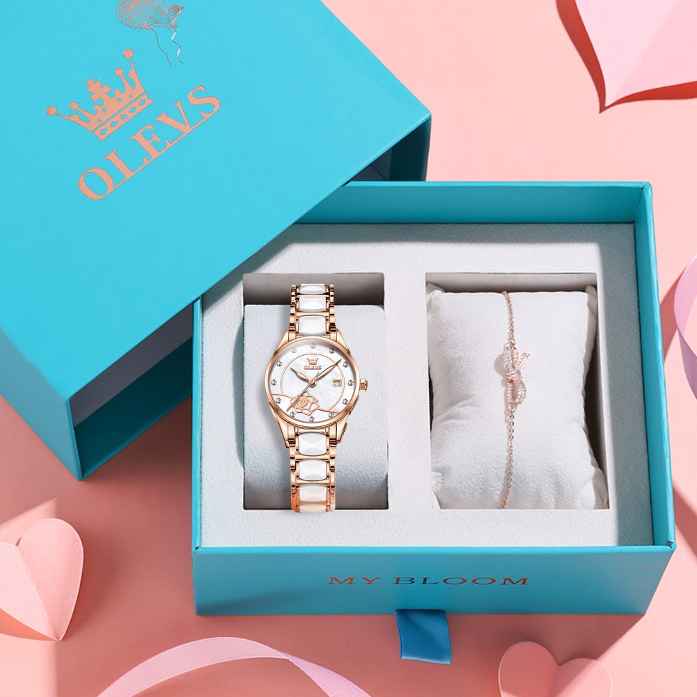 OLEVS luxury ladies watch with ceramic strap, Japanese quartz movement, 30M water resistance, stylish design for women