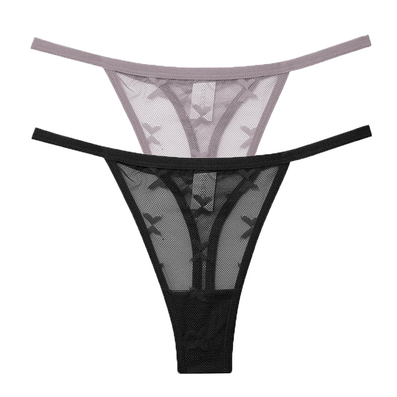 Two transparent mesh G-string panties by The Clothing Company Sydney, seamless thong underwear for women, stylish and comfortable lingerie