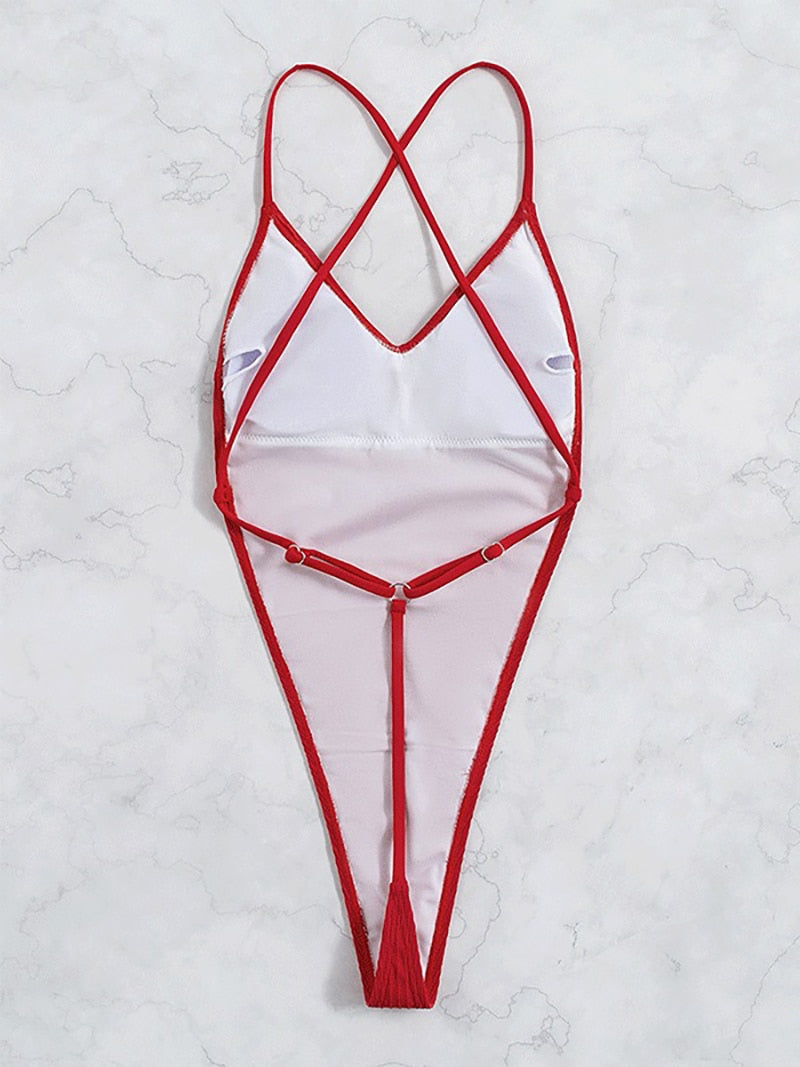 Black ribbed one-piece thong swimsuit by The Clothing Company Sydney with high-cut, backless design and solid color.