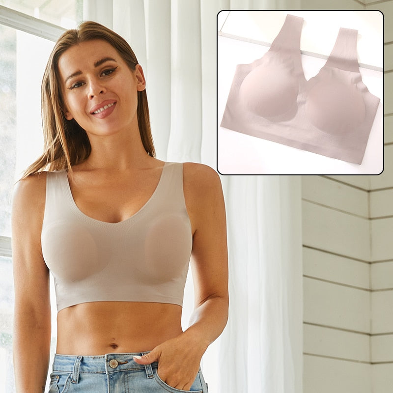 Seamless sports bra by The Clothing Company Sydney featuring a plunge design, deep V neckline, and padded push-up bra style.