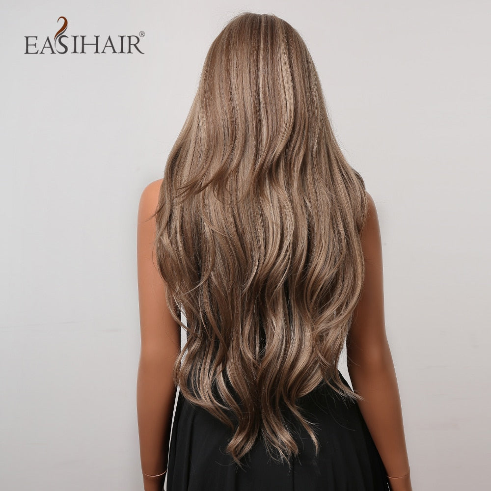 Long wavy synthetic wig with brown and blonde tones, featuring bangs, designed for women’s daily cosplay and heat-resistant styling.