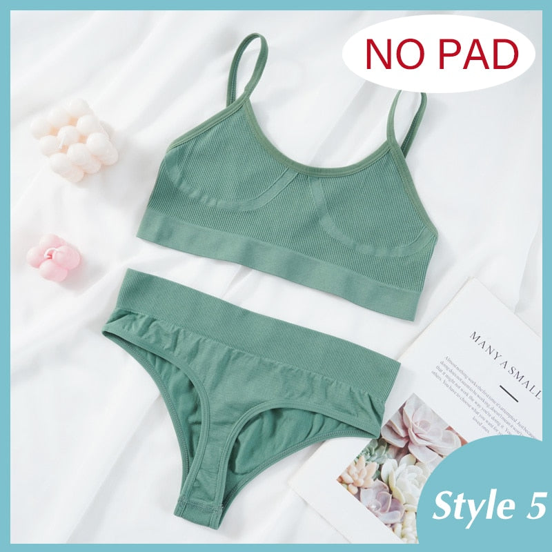 Seamless ribbed bralette and matching panty set from The Clothing Company Sydney, wire-free lingerie with comfortable design.