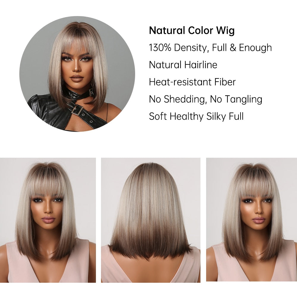 Blonde to brown ombre short straight synthetic wig with bangs for women, heat resistant cosplay and party accessory.
