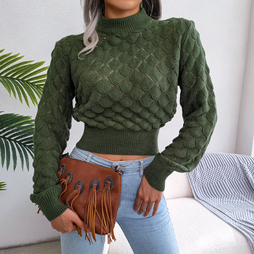 Women's fall winter 3D diamond cutout long sleeve solid color crop knit sweater by The Clothing Company Sydney, stylish and cozy top.