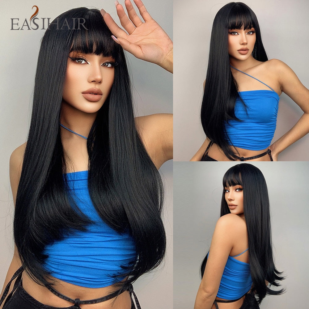 Brown straight synthetic wig with bangs, layered style, heat-resistant for women, suitable for daily wear, cosplay, and parties.