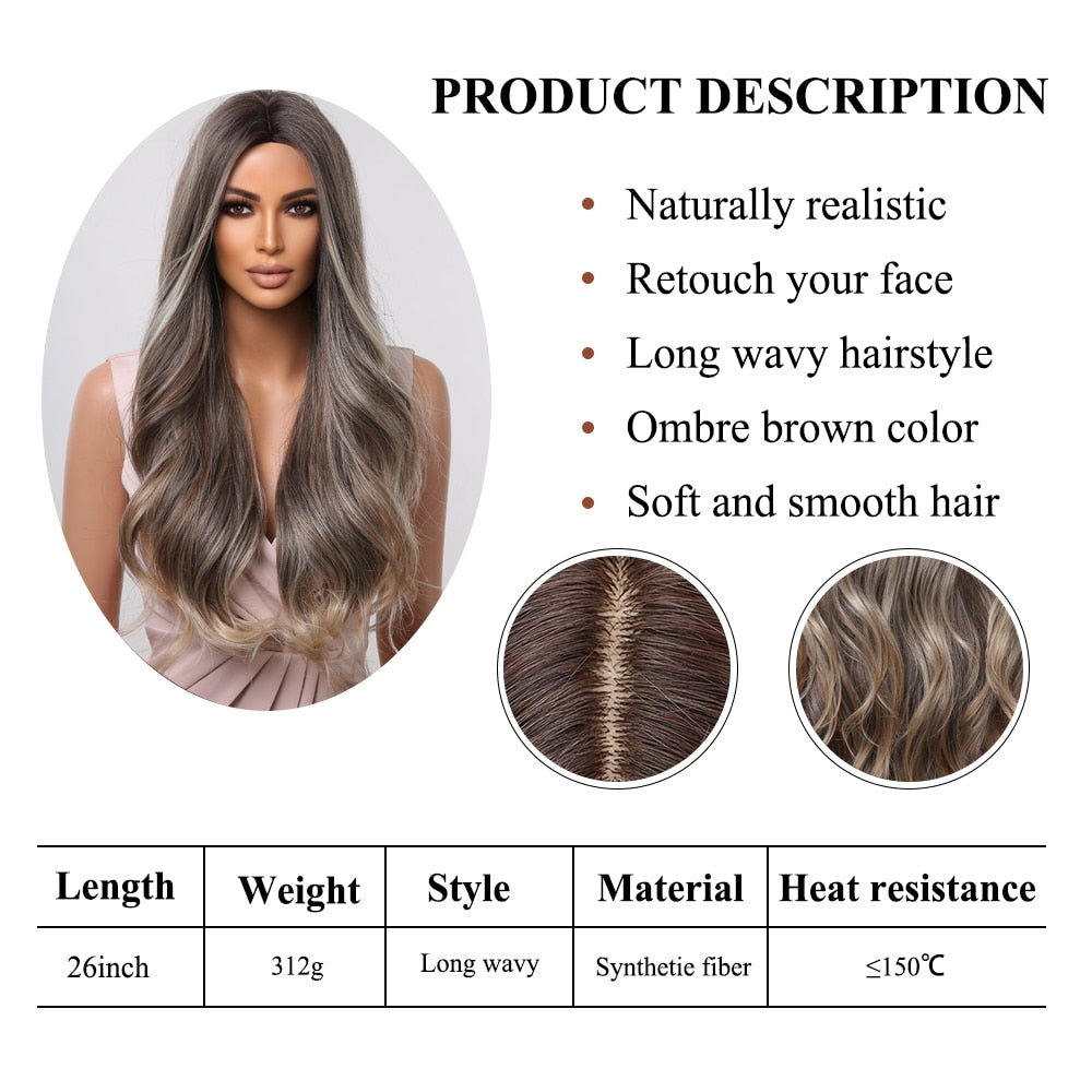 Long wavy synthetic wig in ombre brown, gray, ash, and blonde with a middle part, suitable for cosplay and daily wear.
