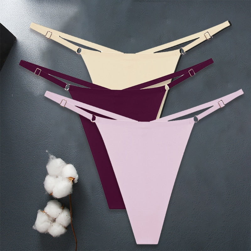Three seamless women’s G-string lingerie panties with adjustable straps in ice silk, featuring a cross waist design from The Clothing Company Sydney.
