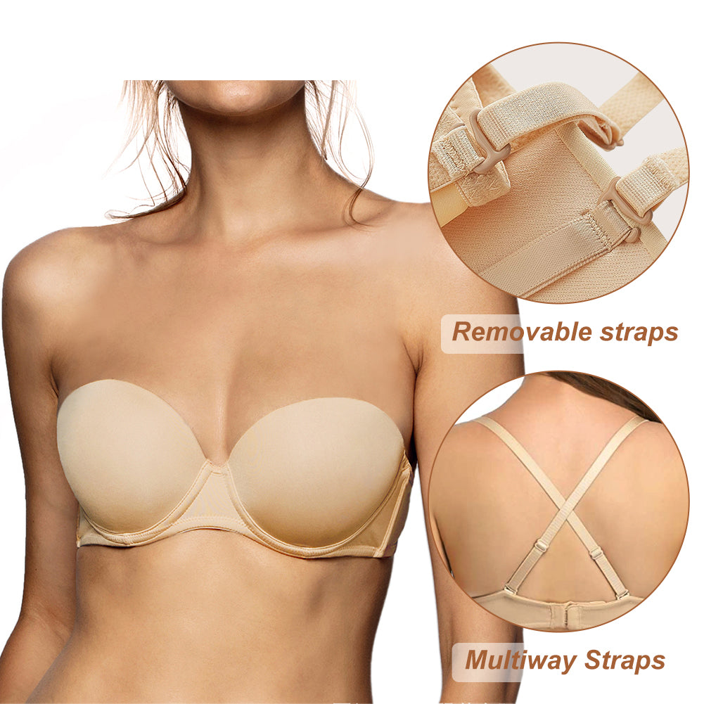 Seamless strapless bra by The Clothing Company Sydney with 1/2 cup design, invisible bralette, and detachable shoulder straps.