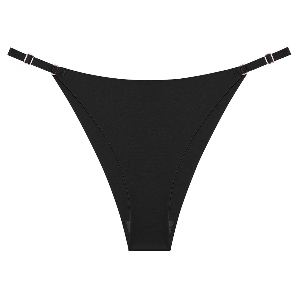 Two seamless silky G-string thongs from The Clothing Company Sydney with low rise design and adjustable waistband.