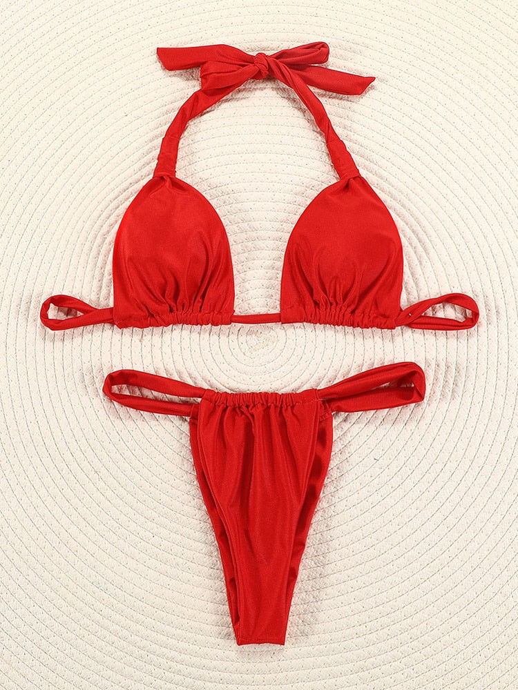 Pleated Bikinis Swimsuit Triangle Bikini Set Swimwear Halter Bathing Suits Bandage Beachwear The Clothing Company Sydney