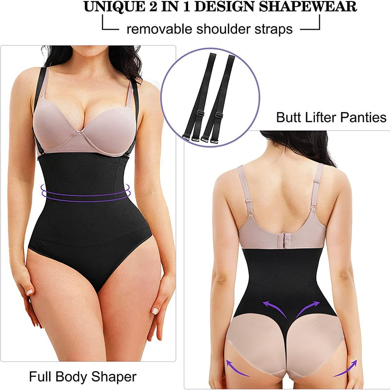 Seamless body shapewear thong waist trainer corset with open bust, designed to slim and shape the waist and body silhouette.