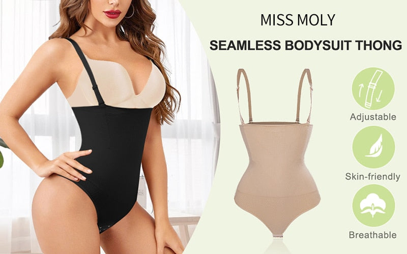 Seamless body shapewear thong waist trainer corset with open bust, providing smooth shaping and invisible undergarment fit.