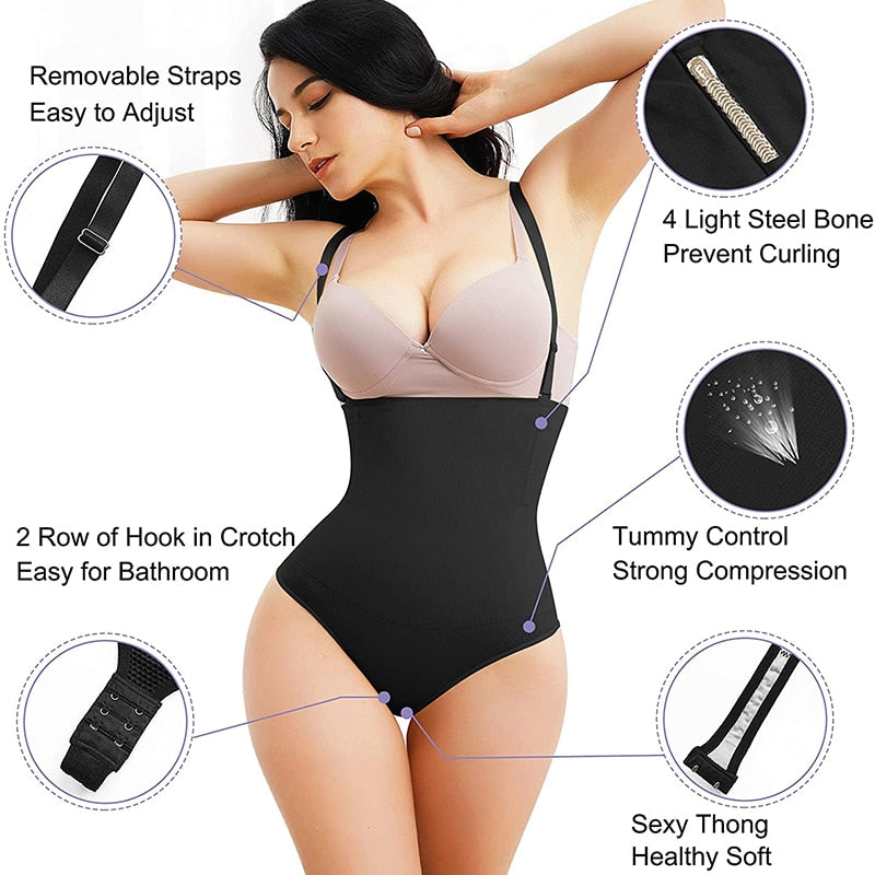 Seamless body shapewear thong waist trainer corset with open bust, designed for shaping and smoothing under clothing.