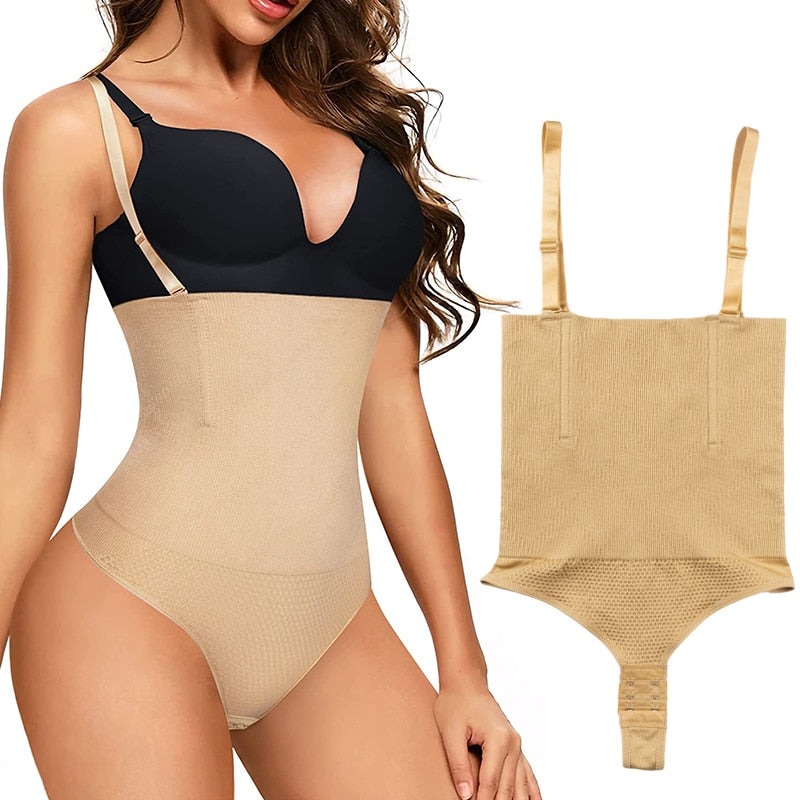 Seamless black body shapewear thong waist trainer corset with open bust, designed for slimming and shaping the body.