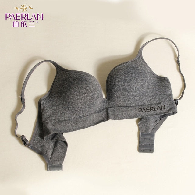 Seamless black women's push-up wire-free bra with back closure and small cup, designed for comfort and support.