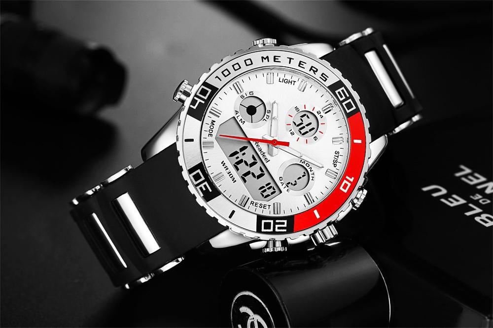 Luxury rubber LED digital men's watch from The Clothing Company Sydney with military-style design and quartz movement.