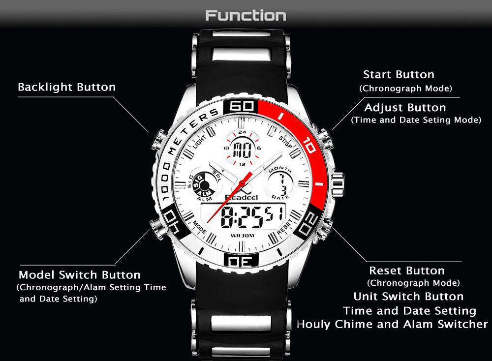 Luxury rubber LED digital men's quartz watch with military design, sports style, and durable wrist strap.