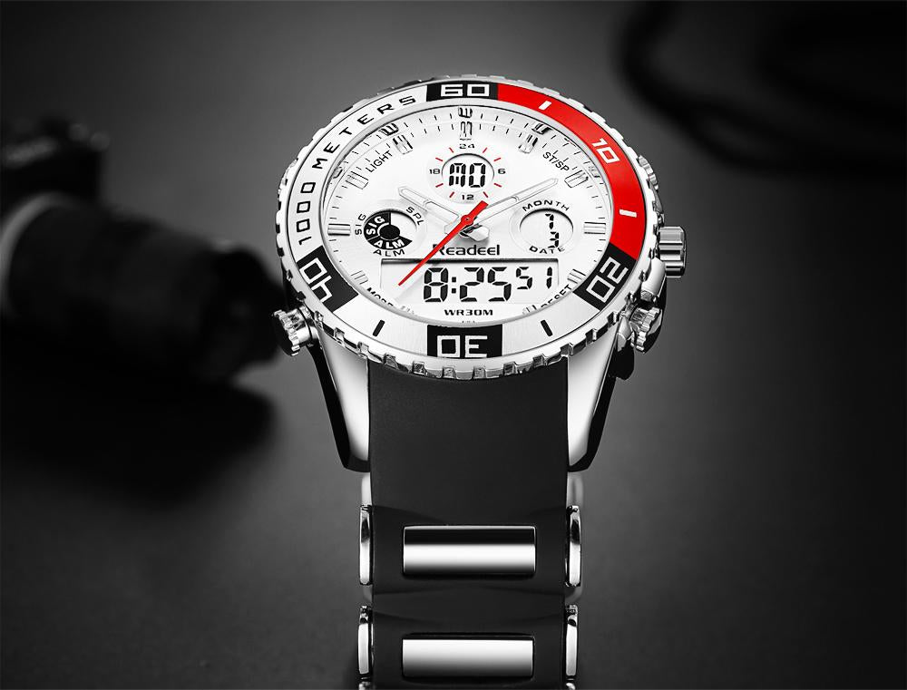 Luxury rubber LED digital men's quartz watch with military design, sports style, and durable wrist strap by The Clothing Company Sydney.