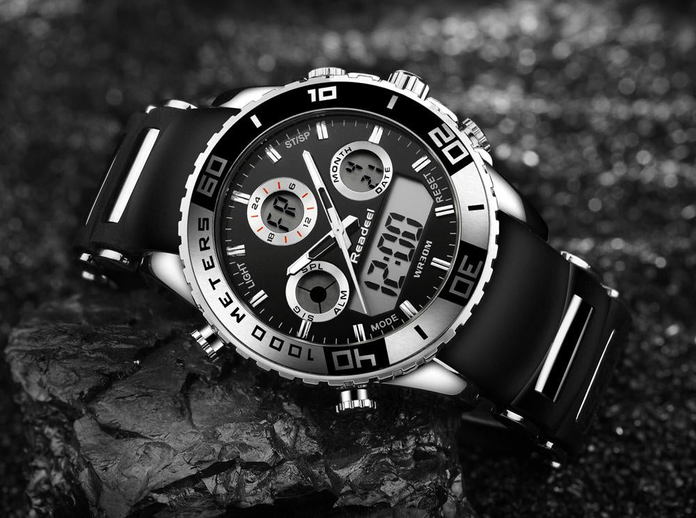 Luxury rubber LED digital men's watch by The Clothing Company Sydney with military-style design and digital display.