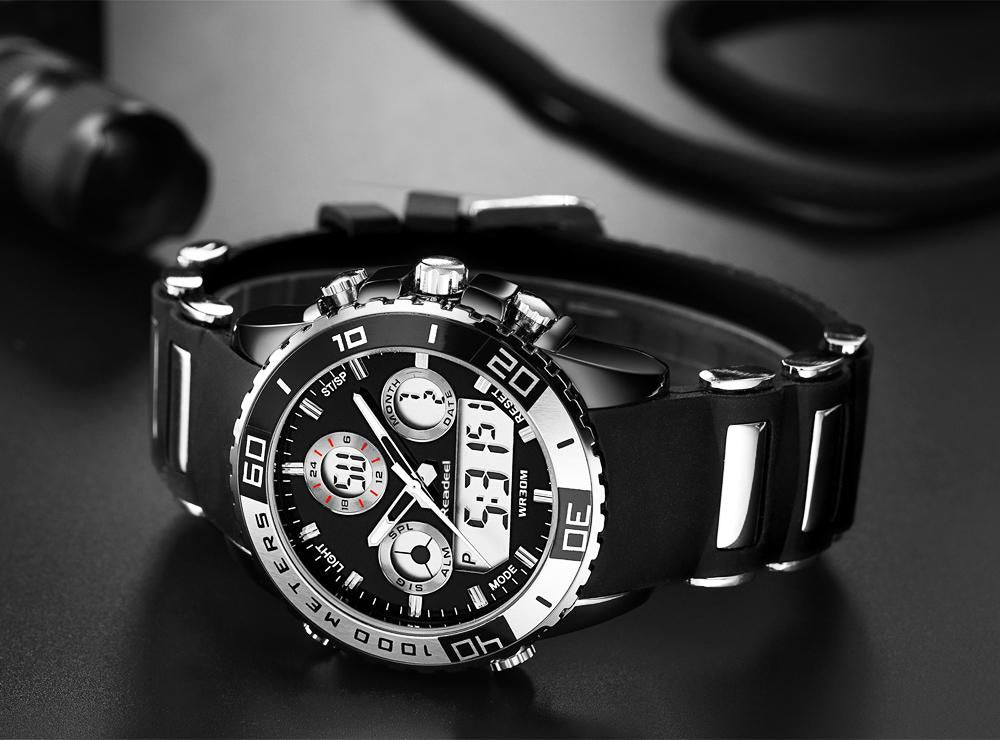 Luxury rubber LED digital men's quartz watch with military-style design and sports features, featuring a durable wrist strap.