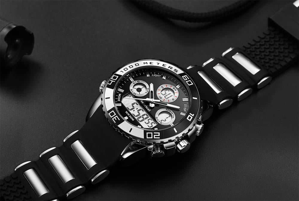Luxury rubber LED digital men's quartz watch with military style, sports design, and digital display from The Clothing Company Sydney.
