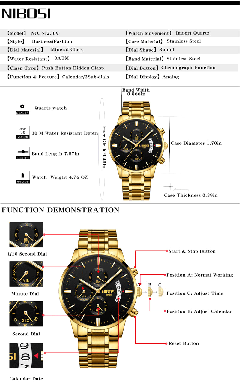 Luxury Sports Quartz Water Resistant Watch by The Clothing Company Sydney, with a sleek design and durable water-resistant features.