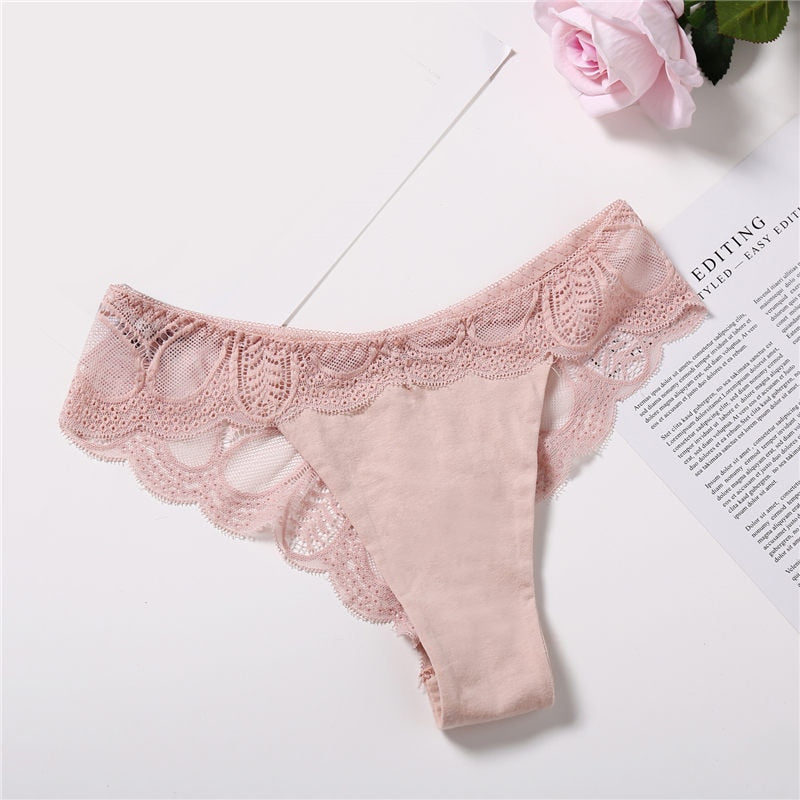 Three-pack cotton lace G-string briefs with floral design, breathable lingerie from The Clothing Company Sydney.