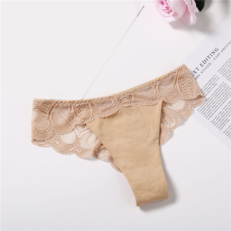 Three pack of cotton G-string briefs with lace and floral design, comfortable lingerie from The Clothing Company Sydney.
