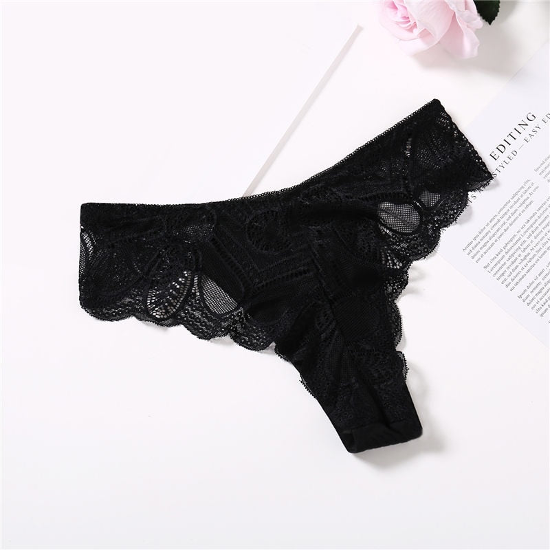 Three cotton G-string briefs with lace and floral design, lightweight lingerie panties from The Clothing Company Sydney.