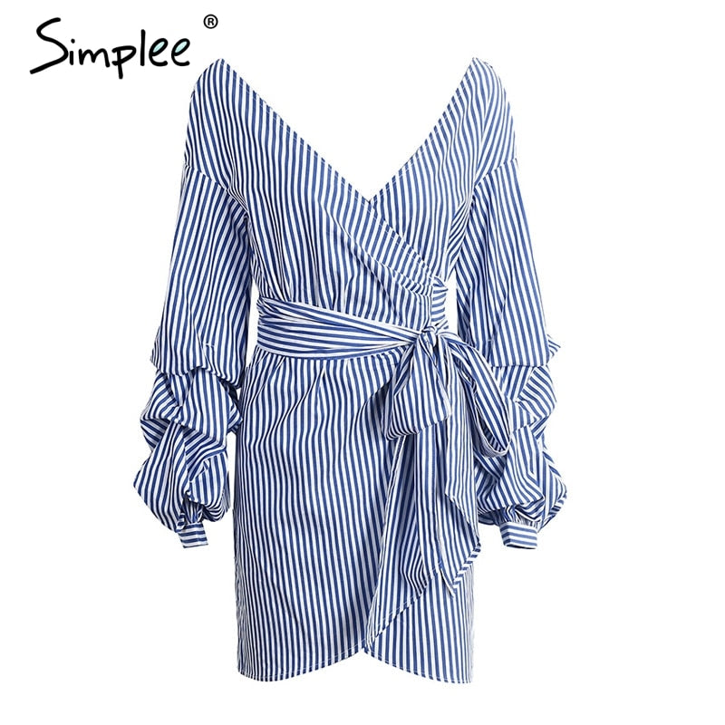 Blue striped off-shoulder lantern sleeve wrap dress with bow belt, perfect for autumn winter, by The Clothing Company Sydney.