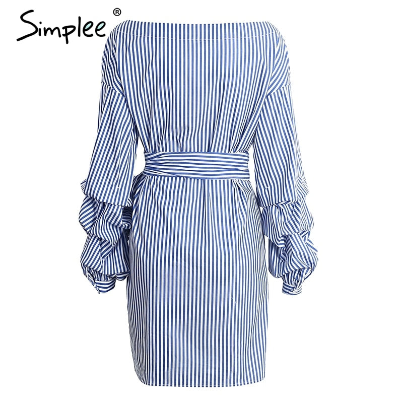 Blue and white plaid wrap dress with off-shoulder lantern sleeves, bow belt, perfect for autumn and winter.