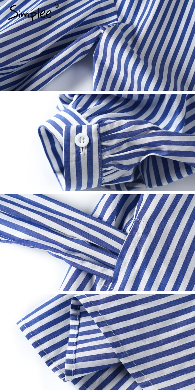 Blue stripe plaid shirt dress with off-shoulder lantern sleeves, wrap style, bow belt, perfect for autumn and winter.
