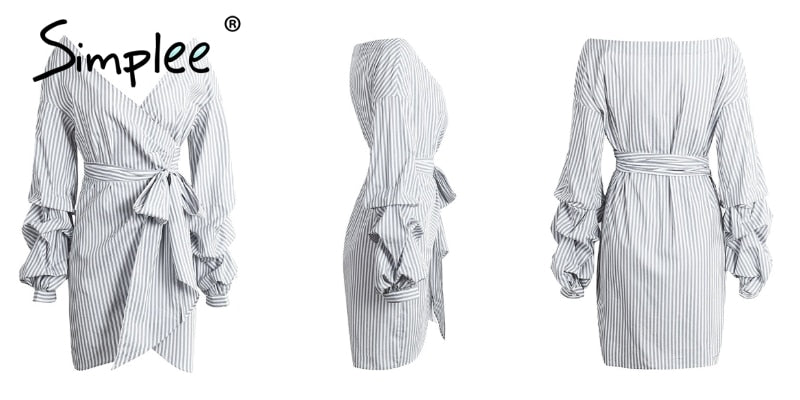 Blue and white plaid wrap dress with off-shoulder lantern sleeves and bow belt, perfect for autumn and winter.