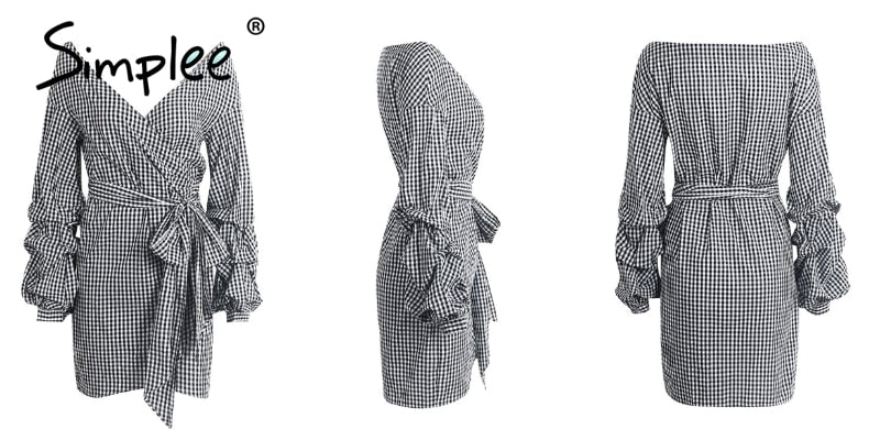Blue and white plaid wrap dress with off-shoulder lantern sleeves, bow belt, perfect for autumn and winter by The Clothing Company Sydney.