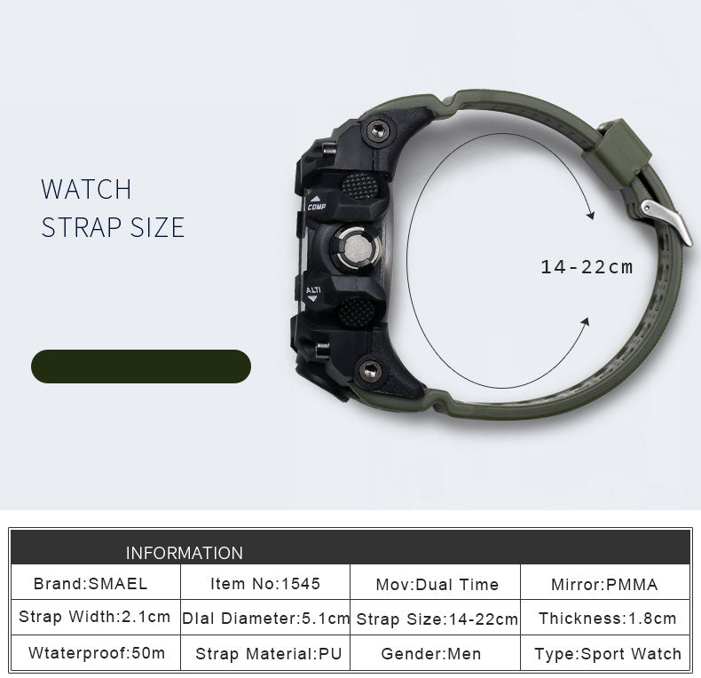 Men's sports wristwatch with dual analog digital display, waterproof quartz movement, military style from The Clothing Company Sydney