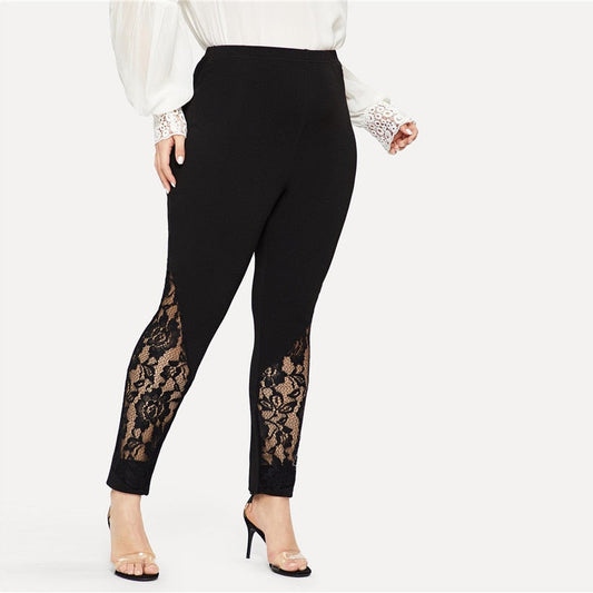 Black Casual Elastic Mid Waist Sheer Lace Insert Pencil Pants Slim Fit Skinny Trousers The Clothing Company Sydney