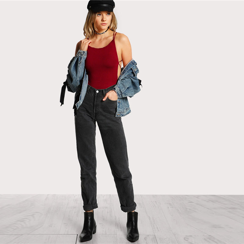 Strappy Backless Women Black Sleeveless Summer Beach Scoop Neck Cross Slim Cami Bodysuit The Clothing Company Sydney