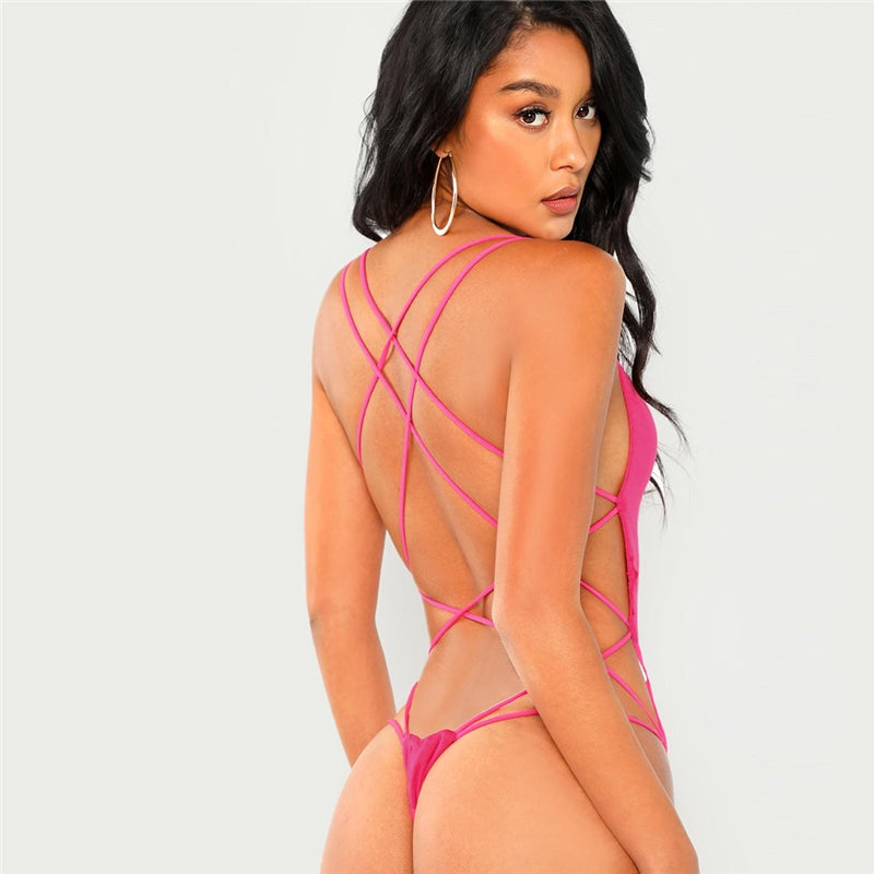 Strappy Backless Women Black Sleeveless Summer Beach Scoop Neck Cross Slim Cami Bodysuit The Clothing Company Sydney