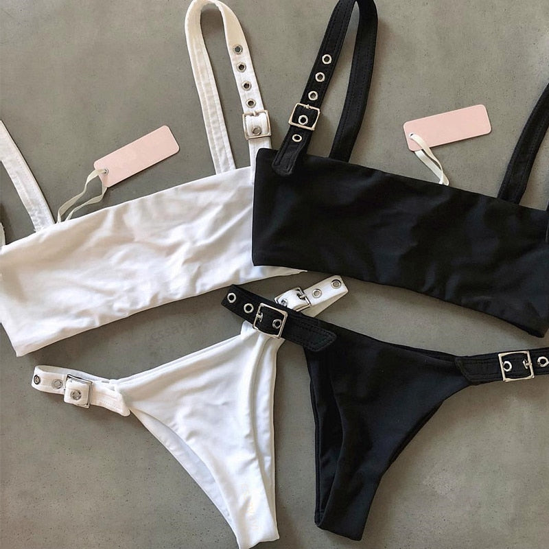 High-waist bandeau push-up bikini from The Clothing Company Sydney featuring a micro Brazilian thong style swimsuit.