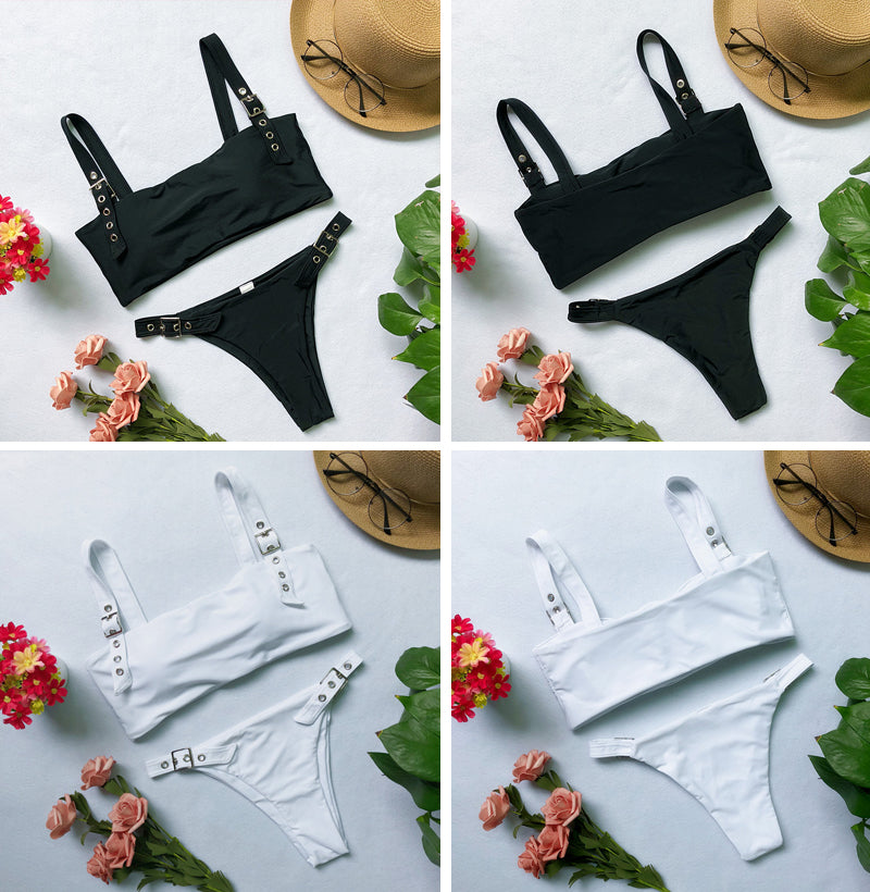 High waist bandeau push-up bikini with buckle, Brazilian micro thong swimwear, from The Clothing Company Sydney, ideal for summer swimming.