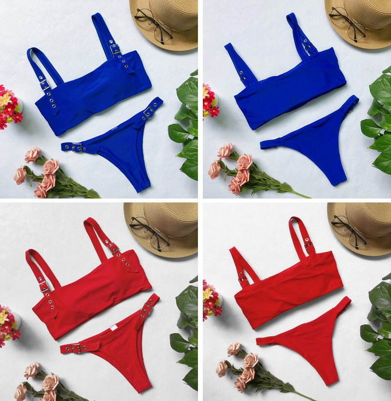 Pink bandeau push-up high waist bikini with buckle, Brazilian micro thong swimwear, perfect for summer beachwear.