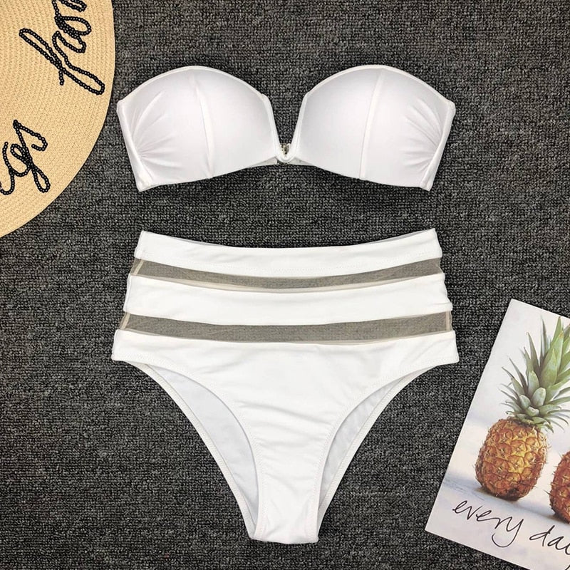 High waist mesh bikini set for women with off-shoulder design and push-up style, from The Clothing Company Sydney.